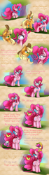 Size: 2000x7106 | Tagged: safe, artist:madacon, apple bloom, applejack, pinkie pie, scootaloo, sweetie belle, earth pony, pegasus, pony, unicorn, adorabloom, comic, cute, cutealoo, cutie mark crusaders, dialogue, diapinkes, diasweetes, female, filly, hammerspace, hammerspace hair, hard hat, hat, jackabetes, madacon is trying to murder us, mare, music notes, pinkie physics, pomf, sweat, telling lies, that escalated quickly, wrench