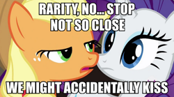 Size: 858x478 | Tagged: safe, edit, edited screencap, screencap, applejack, rarity, earth pony, pony, unicorn, caption, female, image macro, mare, meme