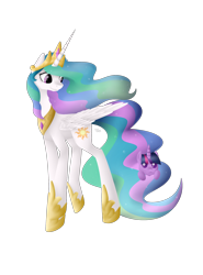 Size: 2000x2700 | Tagged: safe, artist:keisaa, princess celestia, twilight sparkle, alicorn, pony, unicorn, crown, female, filly, filly twilight sparkle, jewelry, long tail, looking back, mare, regalia, simple background, teacher and student, transparent background, younger