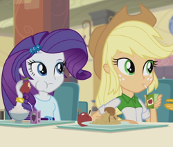 Size: 720x611 | Tagged: safe, screencap, applejack, rarity, equestria girls, rainbow rocks, apple, apple juice, cafeteria, rice