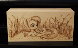 Size: 1280x787 | Tagged: safe, artist:horseez, fluttershy, pegasus, pony, box, pyrography, solo, traditional art, woodwork