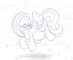 Size: 2000x1658 | Tagged: safe, artist:seenty, fluttershy, pegasus, pony, belly, floating, monochrome, pregnant, solo, traditional art