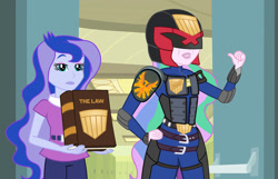 Size: 950x612 | Tagged: safe, artist:pixelkitties, princess celestia, princess luna, principal celestia, vice principal luna, phoenix, equestria girls, armor, badge, book, canterlot high, clothes, costume, duo, female, helmet, i am the law, implied principal cinch, judge dredd, judge dreddlestia, parody, symbol, the law, we couldn't fit it all in, welcome princess celest