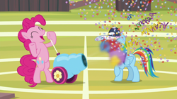 Size: 1920x1080 | Tagged: safe, derpibooru import, screencap, pinkie pie, rainbow dash, earth pony, pegasus, pony, 2 4 6 greaaat, buckball field, confetti, party cannon