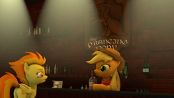 Size: 1920x1080 | Tagged: safe, artist:kiodima, derpibooru import, applejack, spitfire, earth pony, pegasus, pony, 3d, alcohol, bar, bottle, hat, source filmmaker