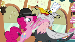 Size: 1280x720 | Tagged: safe, screencap, gustave le grande, pinkie pie, earth pony, griffon, pony, mmmystery on the friendship express, bowler hat, cartoon physics, hat, pinkie being pinkie