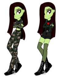 Size: 3560x4329 | Tagged: safe, artist:alphajunko, oc, oc only, oc:white lilly, equestria girls, belt, boots, camouflage, clothes, commission, crossed arms, ear piercing, earring, equestria girls-ified, eyebrow piercing, eyeshadow, female, fingerless gloves, fishnet clothing, gloves, hoodie, icey-verse, jacket, jewelry, leather jacket, lip piercing, magical lesbian spawn, makeup, midriff, nose piercing, offspring, pants, parent:applejack, parent:strawberry sunrise, parents:applerise, piercing, shirt, shoes, short shirt, shorts, simple background, skull, socks, solo, stockings, t-shirt, thigh highs, transparent background