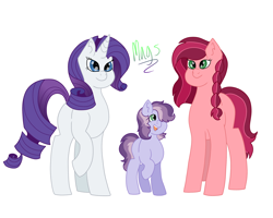 Size: 2500x2000 | Tagged: safe, artist:magsalis, gloriosa daisy, rarity, oc, oc:lavender bloom, earth pony, pony, unicorn, braid, colt, equestria girls ponified, female, gloriosity, lesbian, magical lesbian spawn, male, next generation, offspring, parent:gloriosa daisy, parent:rarity, parents:gloriosity, ponified, raised hoof, shipping, simple background, white background