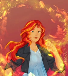 Size: 1080x1200 | Tagged: safe, alternate version, artist:rioka.vi, sunset shimmer, human, equestria girls, bust, clothes, female, fiery shimmer, fire, glowing hands, humanized, jewelry, necklace, pyromancy, solo