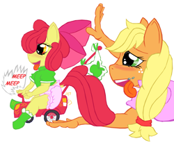 Size: 2677x2205 | Tagged: safe, artist:cuddlelamb, apple bloom, applejack, anthro, blushing, diaper, duo, female, filly, foal, siblings, sisters, tongue out