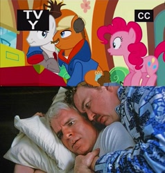 Size: 1023x1074 | Tagged: safe, edit, edited screencap, screencap, pinkie pie, earth pony, pony, the gift of the maud pie, background pony, bara, clothes, comparison, context is for the weak, del griffith, grin, hooves around shoulder, john candy, male, neal page, necktie, not gay, op is a slowpoke, out of context, planes trains and automobiles, steve martin, tv-y, uncomfortable, unnamed pony
