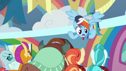 Size: 1920x1080 | Tagged: safe, derpibooru import, screencap, lighthoof, ocellus, rainbow dash, shimmy shake, smolder, yona, changedling, changeling, dragon, earth pony, pegasus, pony, yak, 2 4 6 greaaat, cap, cheerleader, cheerleader outfit, clothes, coach, dragoness, female, flying, folded wings, hat, horns, looking up, monkey swings, open mouth, spread wings, underhoof, whistle, whistle necklace, wings