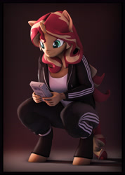 Size: 3840x5400 | Tagged: safe, artist:imafutureguitarhero, sunset shimmer, anthro, unguligrade anthro, unicorn, 3d, absurd resolution, adidas, boots, border, chromatic aberration, clothes, colored eyebrows, colored eyelashes, female, film grain, floppy ears, freckles, game boy, game console, holding, hoodie, horn, jacket, leather, leather boots, long hair, long mane, mare, multicolored hair, multicolored mane, multicolored tail, nintendo, nose wrinkle, open jacket, pants, revamped anthros, revamped ponies, shadow, shoes, signature, slav, slav squat, solo, source filmmaker, squatting, tanktop, tetris, trackpants, tracksuit, video game, wall of tags