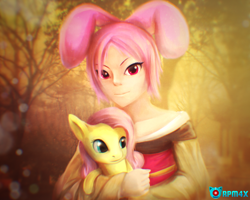 Size: 1280x1024 | Tagged: safe, artist:rezkapratam4x, fluttershy, pegasus, pony, anais watterson, bunny ears, clothes, crossover, cute, holding a pony, kimono (clothing), the amazing world of gumball, weapons-grade cute