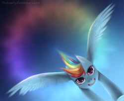 Size: 1050x857 | Tagged: safe, artist:draknairy, derpibooru import, rainbow dash, pegasus, pony, awesome, fast, female, flying, mare, sky, solo, sonic rainboom, spread wings, wings