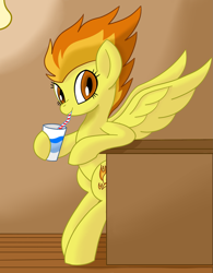 Size: 1367x1750 | Tagged: safe, artist:notadeliciouspotato, derpibooru import, spitfire, pegasus, pony, semi-anthro, bipedal, bipedal leaning, counter, cup, drinking, drinking straw, female, hoof hold, leaning, lightbulb, looking at you, mare, raised leg, smiling, solo, spread wings, wings