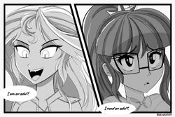 Size: 3000x2000 | Tagged: safe, artist:wubcakeva, sci-twi, sunset satan, sunset shimmer, twilight sparkle, vampire, fanfic:sunlight, equestria girls, blouse, bowtie, clothes, comic, cute, cute little fangs, dragonball z abridged, fanfic art, fangs, glasses, i am an adult, i need an adult, jacket, manga style, monochrome, right to left, scrunchie, team four star