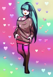 Size: 2000x2900 | Tagged: safe, artist:rileyav, sonata dusk, human, equestria girls, clothes, cute, happy, heart, high res, humanized, long hair, off shoulder, open mouth, solo, sonatabetes, stockings, sweater, thigh highs