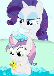 Size: 904x1280 | Tagged: safe, artist:diaperdude, rarity, sweetie belle, pony, unicorn, bath, bubble, cute, diasweetes, female, rubber duck, sisters