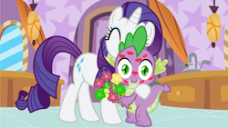 Size: 5681x3203 | Tagged: safe, artist:3d4d, rarity, spike, dragon, pony, unicorn, bouquet, female, flower, he knows, kiss mark, male, shipping, sparity, straight