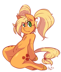 Size: 641x747 | Tagged: safe, artist:kipaki, applejack, earth pony, pony, semi-anthro, alternate hairstyle, female, looking at you, mare, pigtails, simple background, sitting, solo, unshorn fetlocks, white background