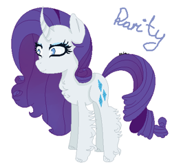 Size: 456x444 | Tagged: safe, artist:xxkalaxzyxx, rarity, classical unicorn, pony, unicorn, alternate hairstyle, cloven hooves, eyelashes, eyeshadow, female, fluffy, horn, makeup, mare, ms paint, name, signature, simple background, solo, standing, text, unshorn fetlocks, white background