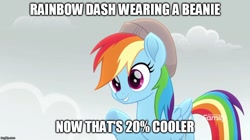 Size: 888x499 | Tagged: safe, derpibooru import, edit, edited screencap, screencap, rainbow dash, pegasus, pony, rainbow roadtrip, 20% cooler, beanie, caption, cute, dashabetes, desaturated, discovery family logo, female, hat, mare, meme, raised hoof, text