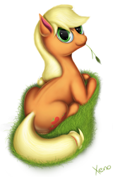 Size: 1024x1599 | Tagged: safe, artist:the1xeno1, applejack, earth pony, pony, blonde mane, female, mare, missing accessory, orange coat, solo