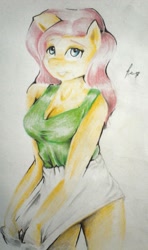 Size: 1515x2560 | Tagged: safe, artist:nolyanimeid, fluttershy, anthro, clothes, skirt, skirt pull, solo, tanktop, traditional art