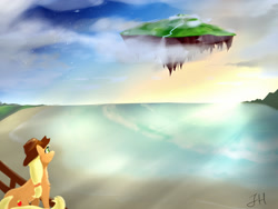 Size: 2400x1800 | Tagged: safe, artist:dashy21, applejack, earth pony, pony, cloud, cloudy, floating island, smiling, stars, sun, water