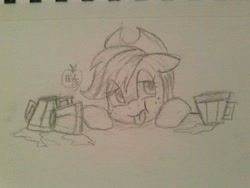 Size: 1280x960 | Tagged: safe, artist:notenoughapples, applejack, earth pony, pony, cider, drunk, drunk aj, floppy ears, monochrome, mug, sketch, solo, tongue out, traditional art