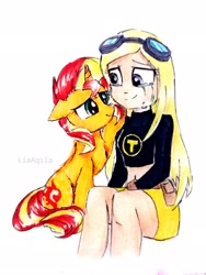 Size: 2313x3084 | Tagged: safe, artist:liaaqila, sunset shimmer, human, pony, unicorn, comforting, crying, goggles, metahuman, simple background, tears of joy, teen titans, terra (teen titans), white background