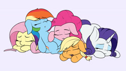 Size: 2600x1464 | Tagged: safe, artist:blitzyflair, derpibooru import, applejack, fluttershy, pinkie pie, rainbow dash, rarity, earth pony, pegasus, pony, unicorn, cuddle puddle, cuddling, cute, eyes closed, female, floppy ears, freckles, lying down, mare, open mouth, pony pile, simple background, sleeping, underhoof