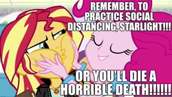 Size: 1920x1080 | Tagged: safe, edit, edited screencap, editor:useraccount, screencap, pinkie pie, sunset shimmer, equestria girls, mirror magic, spoiler:eqg specials, caption, coronavirus, covid-19, covidiots, excessive exclamation marks, hypocritical humor, image macro, public service announcement, social distancing, squishy cheeks, text, this will end in death, wrong name