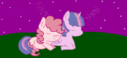 Size: 953x438 | Tagged: safe, artist:vamplrebats, derpibooru import, pinkie pie, twilight sparkle, twilight sparkle (alicorn), alicorn, earth pony, pony, eyes closed, female, mare, night, outdoors, prone, sky, smiling, zzz