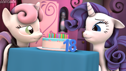 Size: 3840x2160 | Tagged: safe, artist:goatcanon, rarity, sweetie belle, pony, unicorn, 3d, birthday, birthday cake, cake, carousel boutique, clothes, floppy ears, food, future, hoodie, older, older sweetie belle, source filmmaker