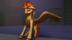 Size: 1920x1080 | Tagged: safe, artist:aterhut, derpibooru import, spitfire, pegasus, pony, female, large wings, looking at you, mare, smiling, solo, spread wings, wings