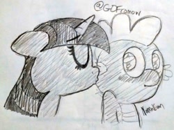 Size: 1280x962 | Tagged: safe, artist:normalevan, derpibooru import, spike, twilight sparkle, dragon, black and white, blushing, female, grayscale, kissing, male, monochrome, pencil drawing, shipping, sketch, spikelove, straight, traditional art, twispike