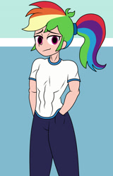 Size: 1150x1800 | Tagged: safe, artist:mashoart, derpibooru import, rainbow dash, human, equestria girls, abs, alternate hairstyle, athlete, athletic, belly button, breasts, clothes, delicious flat chest, female, human coloration, looking at you, muscles, muscular female, no catchlights, ponytail, rainbow flat, rainbuff dash, small breasts, smiling, solo, toned, toned female, workout outfit