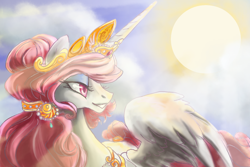 Size: 1080x720 | Tagged: safe, artist:candasaurus, princess celestia, alicorn, pony, cloud, jewelry, pink-mane celestia, profile, sky, smiling, solo, spread wings, sun, wings