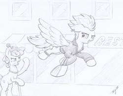 Size: 3000x2340 | Tagged: safe, artist:xeviousgreenii, derpibooru import, spitfire, pony, atg 2020, clothes, ear piercing, earring, hoodie, jewelry, monochrome, newbie artist training grounds, piercing, purse, stealing, traditional art