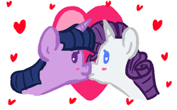 Size: 579x358 | Tagged: safe, artist:tanmansmantan, derpibooru import, rarity, twilight sparkle, pony, unicorn, female, kissing, lesbian, rarilight, shipping