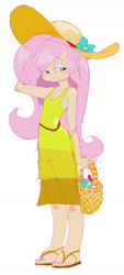 Size: 662x1460 | Tagged: safe, artist:silfidum, fluttershy, human, basket, feet, hat, humanized, sandals, simple background, sketch, solo, toes, white background