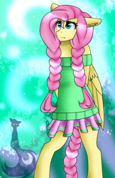 Size: 970x1500 | Tagged: safe, artist:blackdark143, fluttershy, anthro, pegasus, alternate hairstyle, bipedal, braid, braided tail, clothes, cyan eyes, digital art, female, green sweater, hair accessory, hair tie, mare, off shoulder, off shoulder sweater, pink hair, pink mane, pink tail, pleated skirt, short-sleeved sweater, skirt, solo, standing, sweater, sweatershy, twin braids, yellow coat