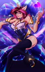 Size: 1260x2010 | Tagged: safe, artist:mandy1412, sunset shimmer, human, beckoning, clothes, cosplay, costume, crossover, female, humanized, k/da, league of legends, looking at you, nyanset shimmer, solo, video game crossover