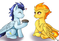 Size: 1822x1260 | Tagged: safe, artist:monsoonvisionz, derpibooru import, soarin', spitfire, pegasus, pony, blushing, cute, eyes closed, female, food, heart, male, mare, pie, shipping, simple background, smiling, soarinfire, stallion, straight, white background