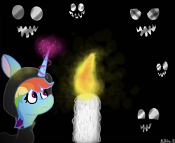 Size: 1011x828 | Tagged: safe, artist:kittycatrittycat, derpibooru import, rainbow dash, alicorn, alicornified, candle, clothes, dark scenery, faces of evil, hoodie, magic, race swap, rainbowcorn, shading practice, solo, telekinesis