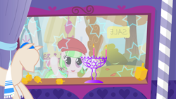 Size: 1280x720 | Tagged: safe, artist:violetclm, derpibooru import, drama letter, watermelody, pony, equestria girls, against glass, background human, candle, dreidel, equestria girls ponified, hanukkah, hebrew, judaism, mannequin, menorah, ponified, shop, window