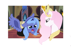 Size: 800x550 | Tagged: safe, artist:wordplay42, princess celestia, princess luna, alicorn, pony, angry, castle of the royal pony sisters, jewelry, open mouth, regalia, s1 luna, spread wings, wings