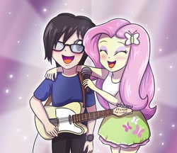 Size: 1024x886 | Tagged: safe, artist:sumin6301, fluttershy, oc, oc:sumin, equestria girls, clothes, cute, duo, equestria girls-ified, eyes closed, glasses, guitar, microphone, one eye closed, open mouth, shyabetes, singing, skirt, tanktop, watch